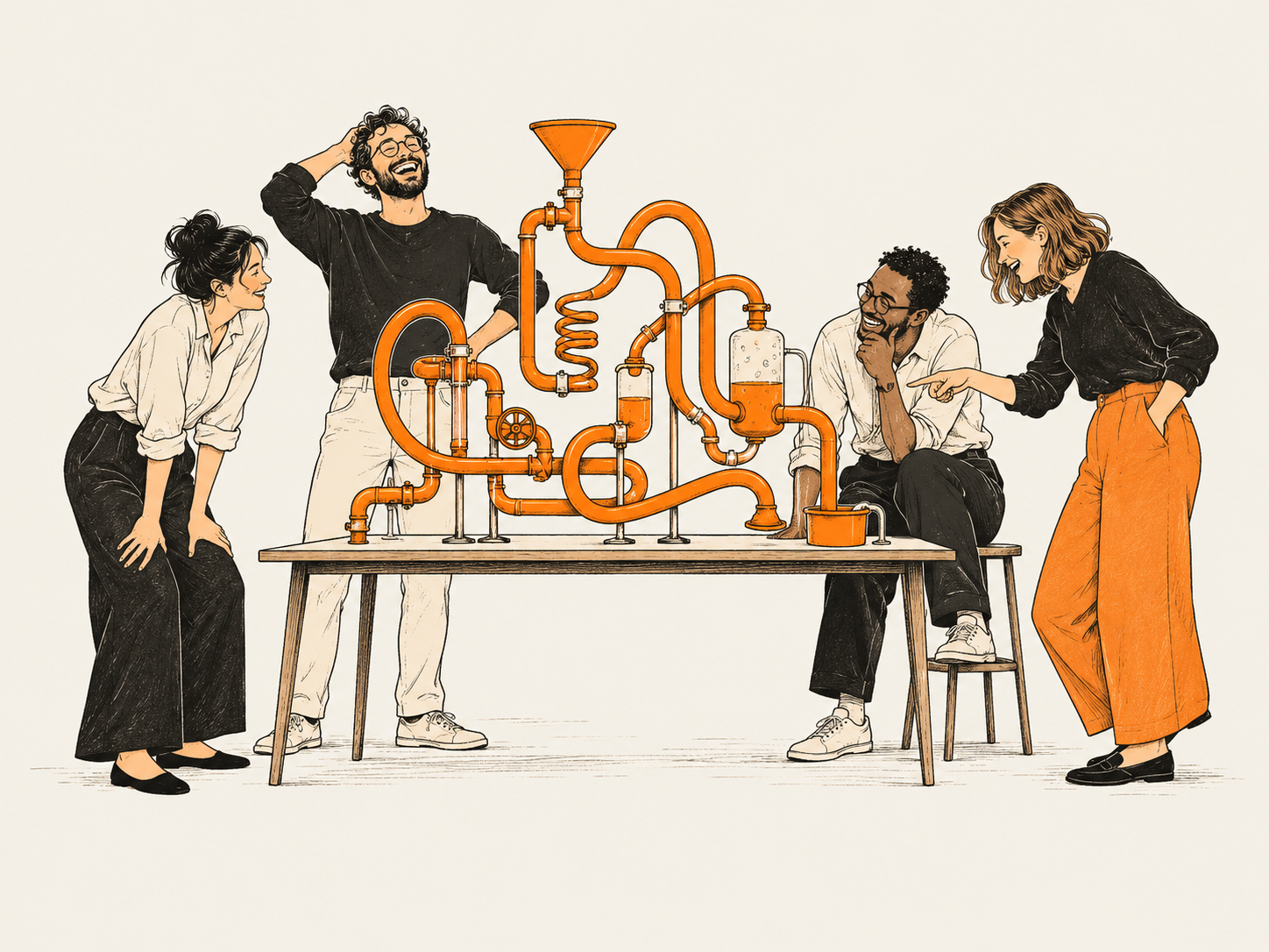 Four colleagues laughing together as they examine an absurdly tangled orange contraption.